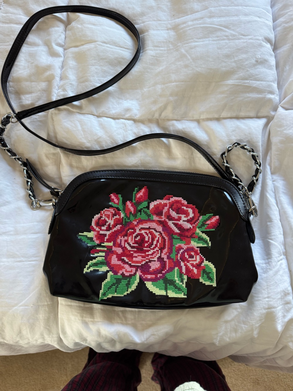 Sharif Black Shoulder Bag with Red Rose Embroidery